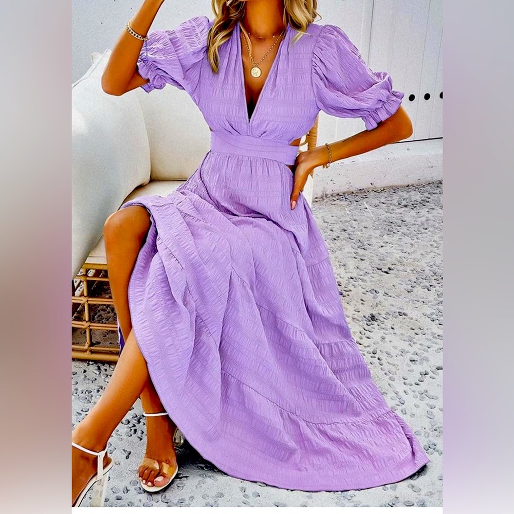 Bohemian Puff Sleeve Backless Tunic Maxi Lavender Dress Medium